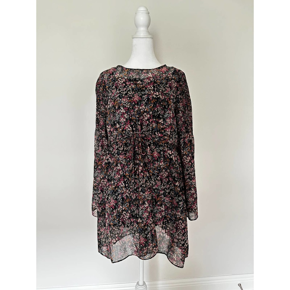 Zara Trafaluc Women's Black Knee Length Prairie Dress Lined Multi Color Floral S